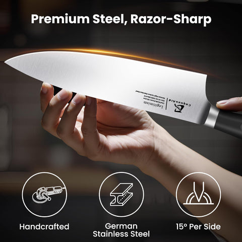 CoquusAid steak knives arranged highlighting balanced cutting power