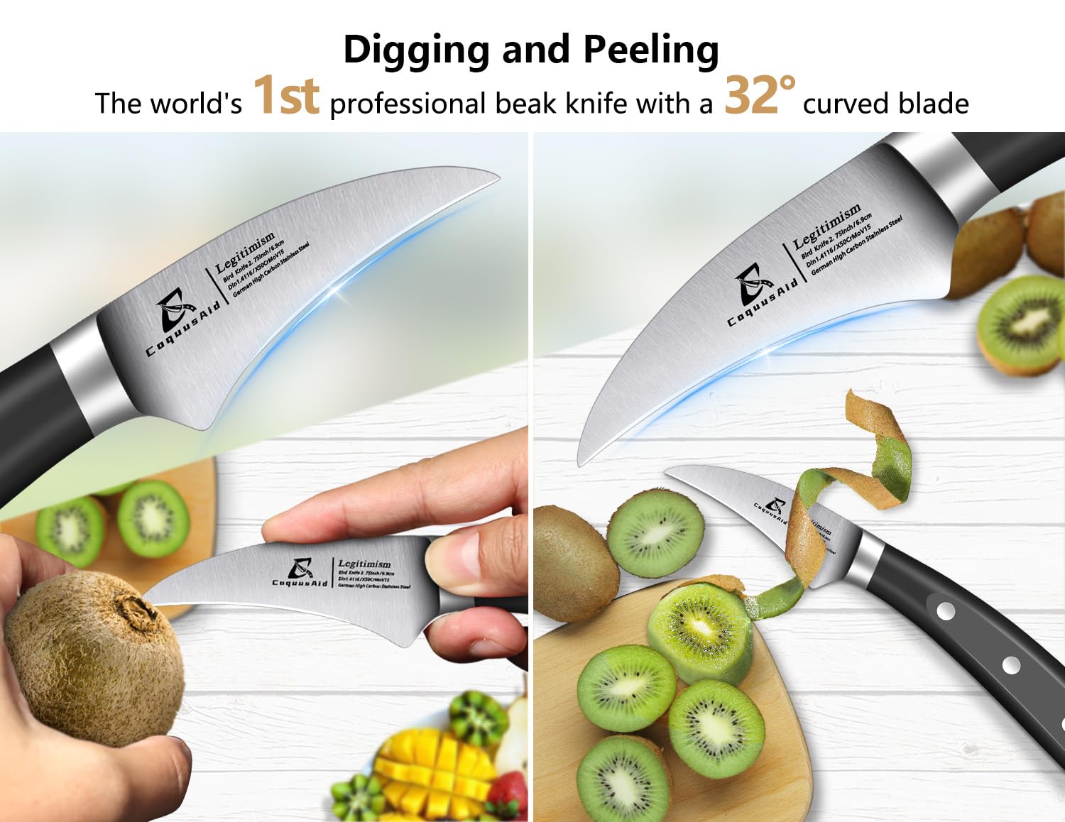 CoquusAid straight parer slicing a tomato, clean uniform slices benefit