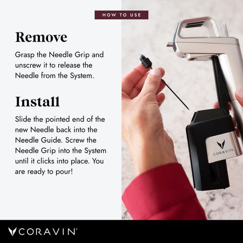 CORAVIN needle with clearing tool displayed to show maintenance and consistent flow benefit