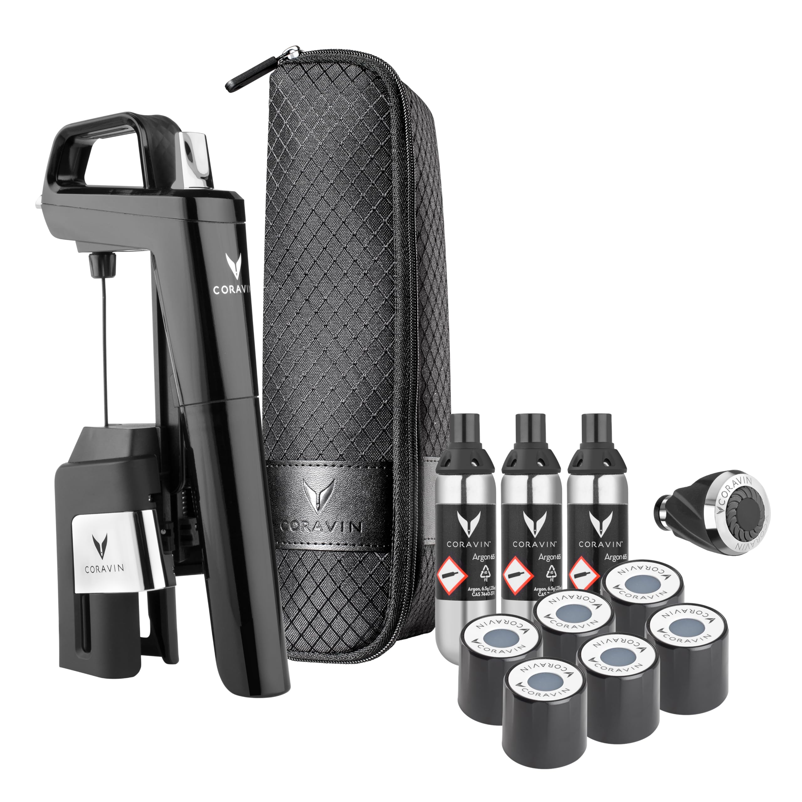 CORAVIN Timeless Six Plus front view showing elegant piano black finish and benefits of neat pouring