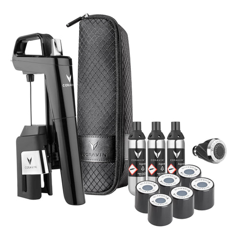 CORAVIN Timeless Six Plus front view showing elegant piano black finish and benefits of neat pouring