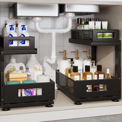 Corbyles front packaging and assembled unit showing tidy under-sink storage benefit