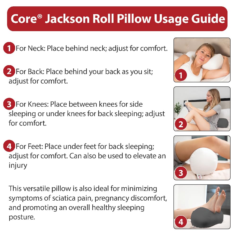 Core Products bolster behind lower back on chair for lumbar posture support