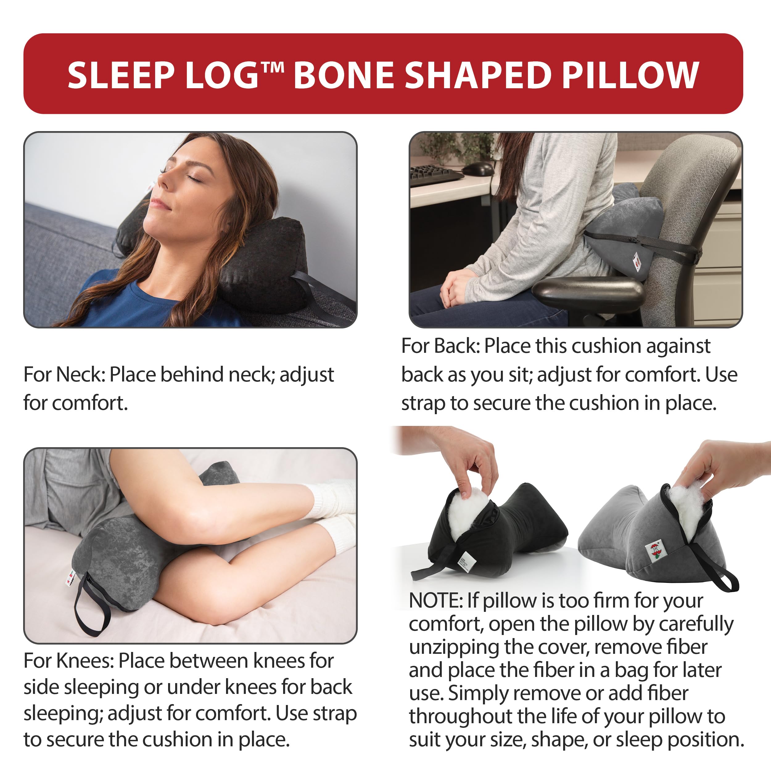 Core Products Sleep Log open zipper revealing adjustable fiber fill for personalized loft