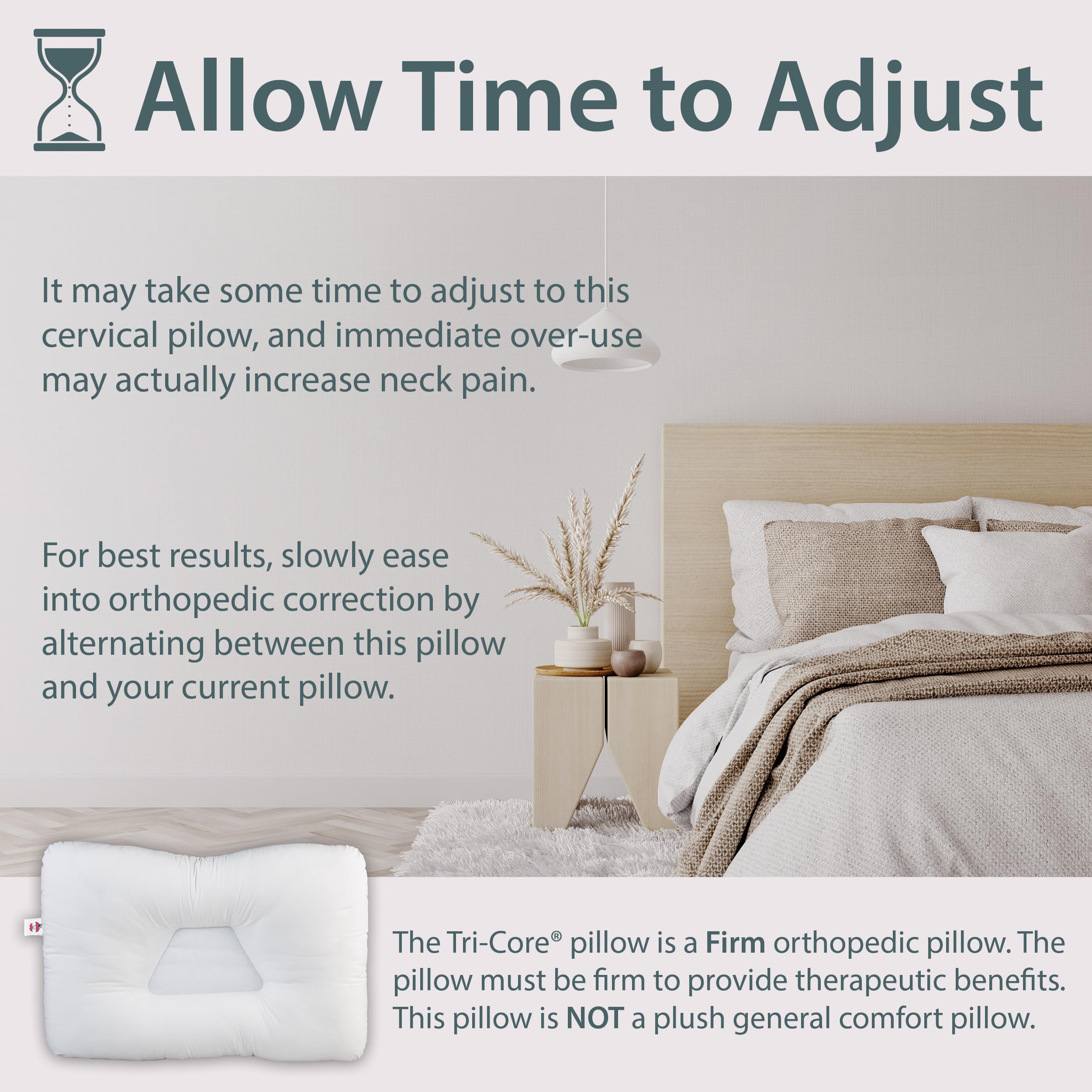 Core Products pillow on styled bed showing ergonomic sleep setup benefit