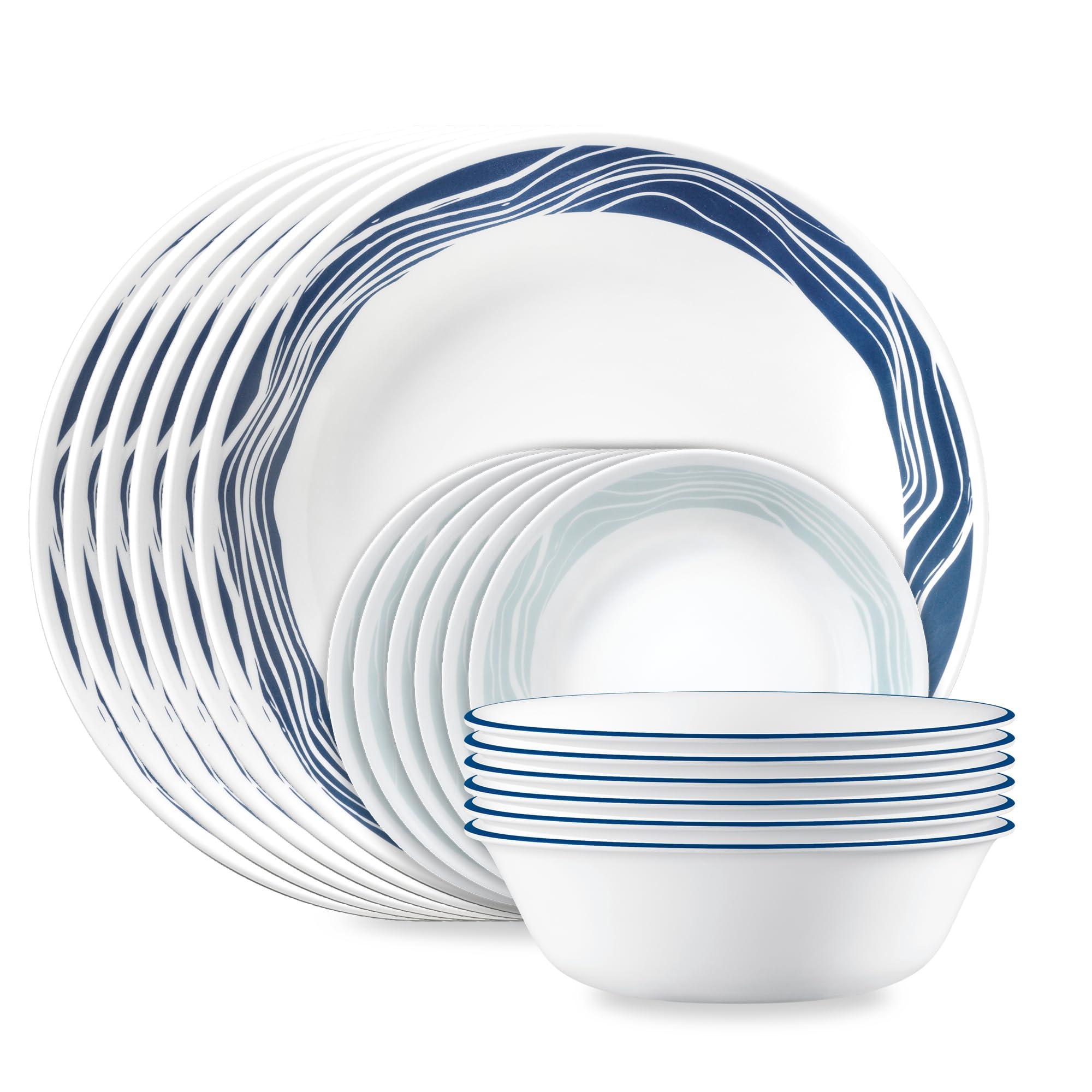Corelle Acadia front view of full 18-piece set showing coordinated plates and bowls, durable everyday dining