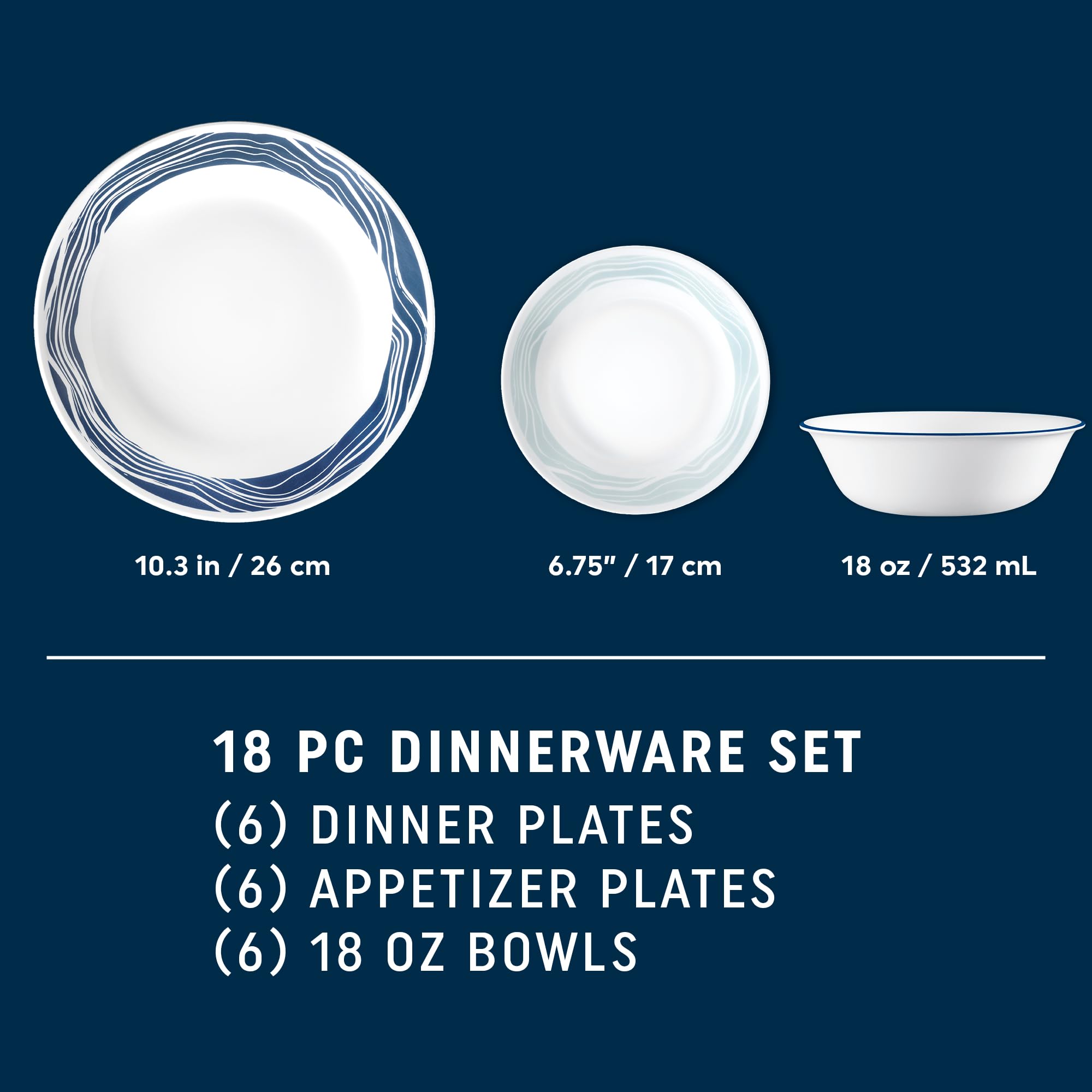 Corelle Acadia close-up of blue marbled band pattern showing stylish detail and polished finish