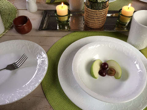 Corelle Bella Faenza plates arranged in dishwasher for convenience