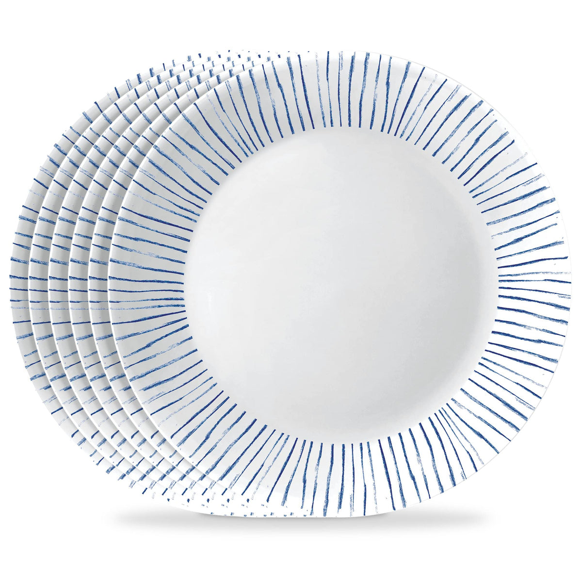 Corelle Botanical Stripes front view showing full 10.25-inch plate and coastal design benefit durable style