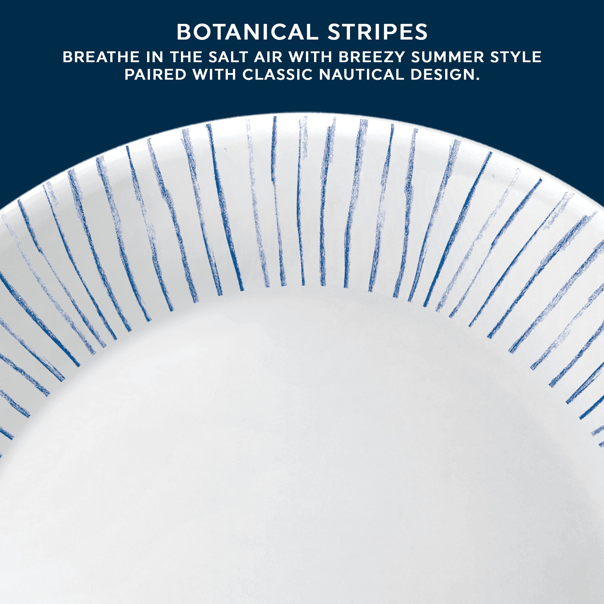 Corelle Botanical Stripes plates in a table setting showing serving versatility and aesthetic uplift