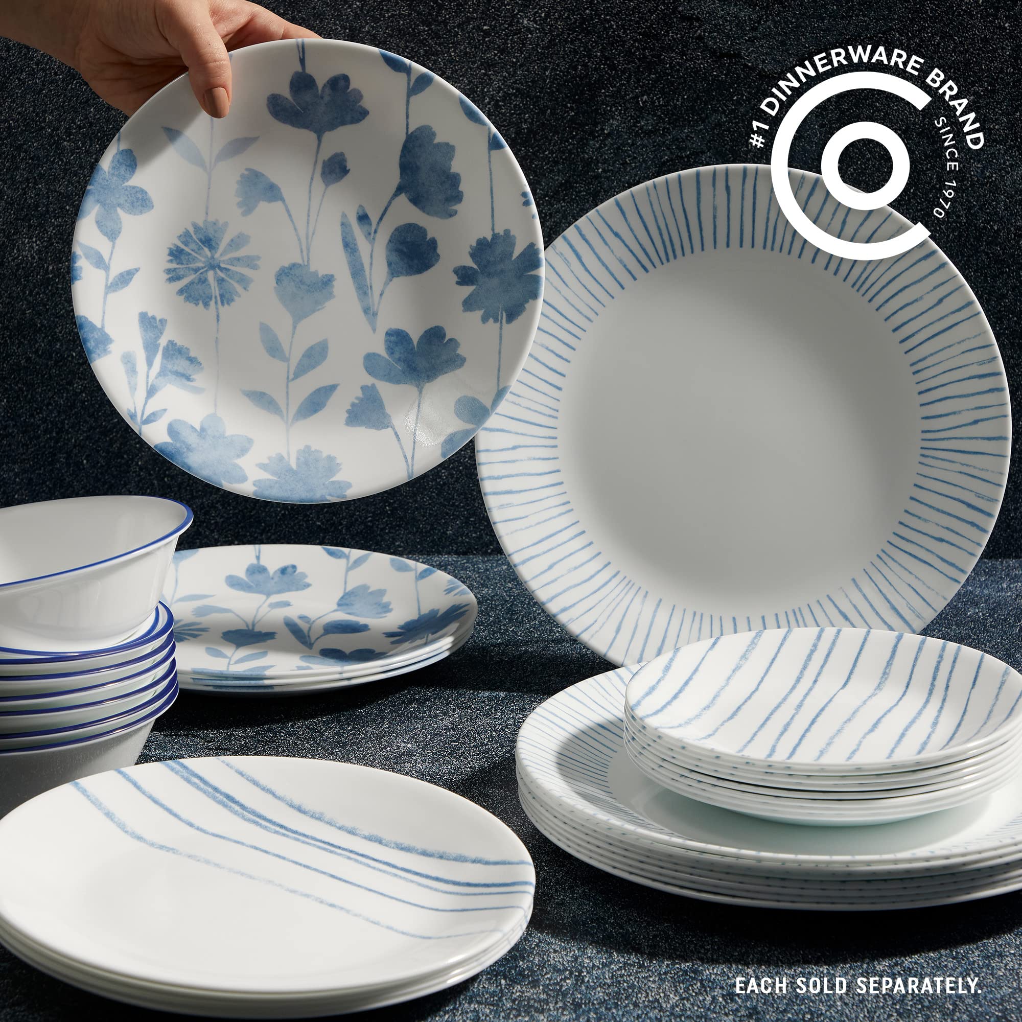 Close-up of Corelle Botanical Stripes pattern highlighting watery blue details and easy-clean finish