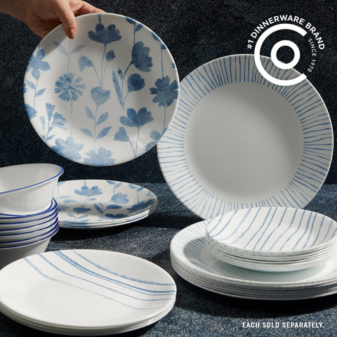 Close-up of Corelle Botanical Stripes pattern highlighting watery blue details and easy-clean finish