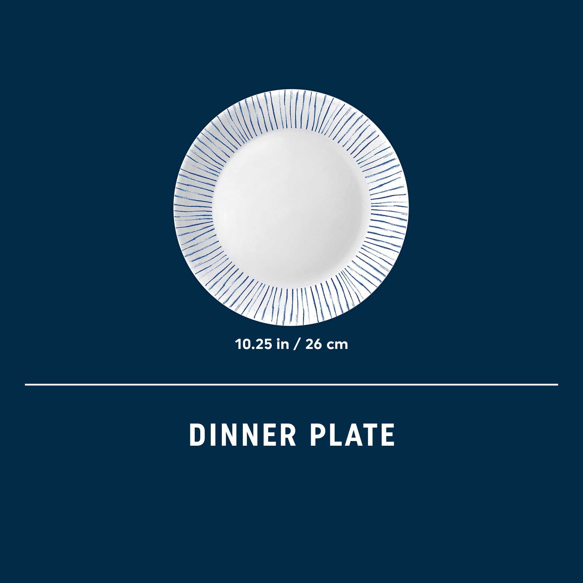 Rim and surface detail of Corelle Botanical Stripes plate showing thin Vitrelle texture and chip resistance