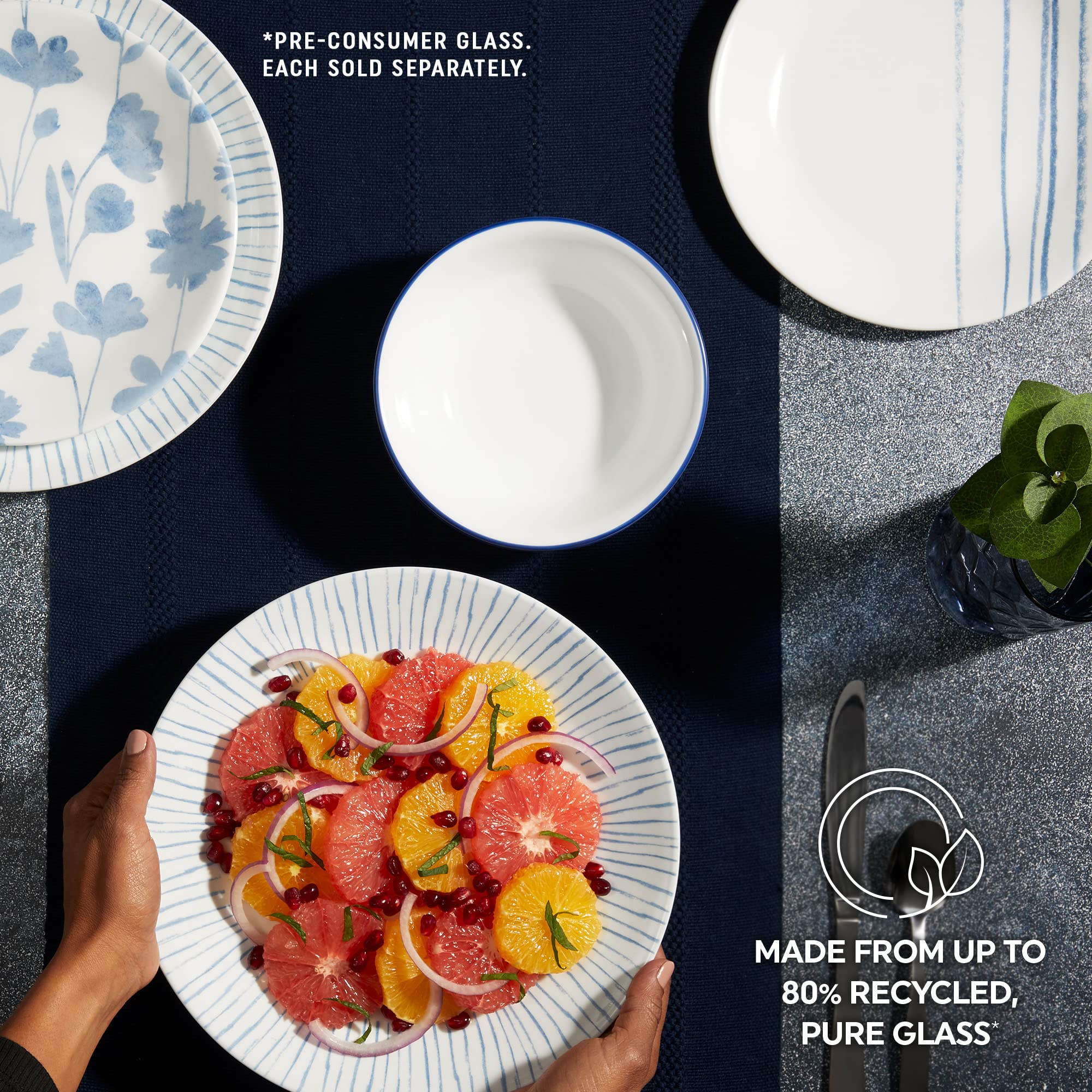 Size comparison of Corelle Botanical Stripes 10.25-inch plate next to fork illustrating portion capacity