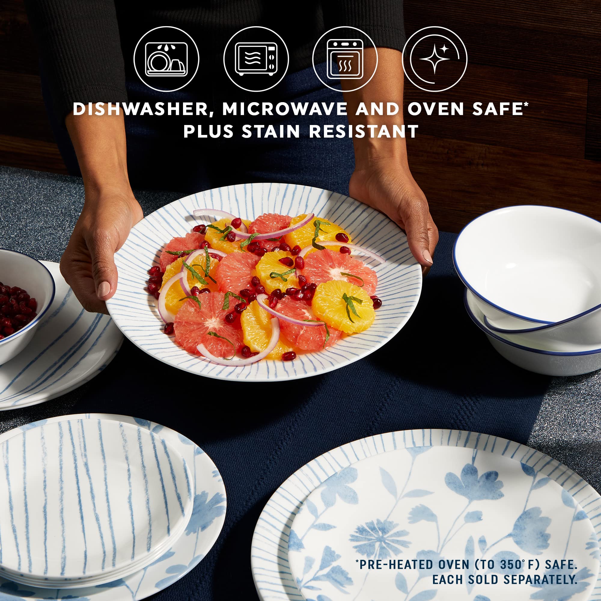 Stacked Corelle Botanical Stripes plates demonstrating compact storage and space-saving benefit