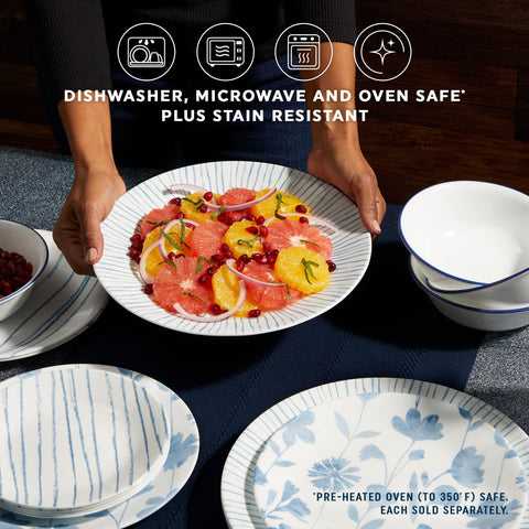 Stacked Corelle Botanical Stripes plates demonstrating compact storage and space-saving benefit