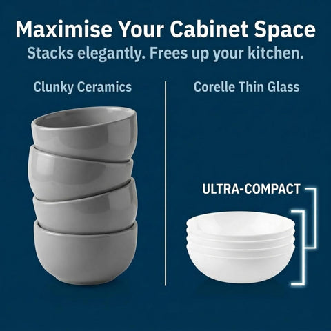 Corelle bowl held in hand showing size and lightweight handling advantage
