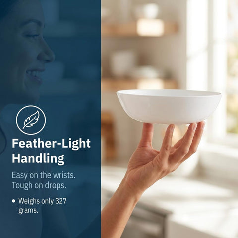 Corelle bowl filled with pasta illustrating capacity and serving presentation