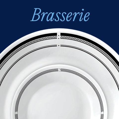 Corelle Brasserie dinner plate close-up highlighting black rim and scratch resistance benefit