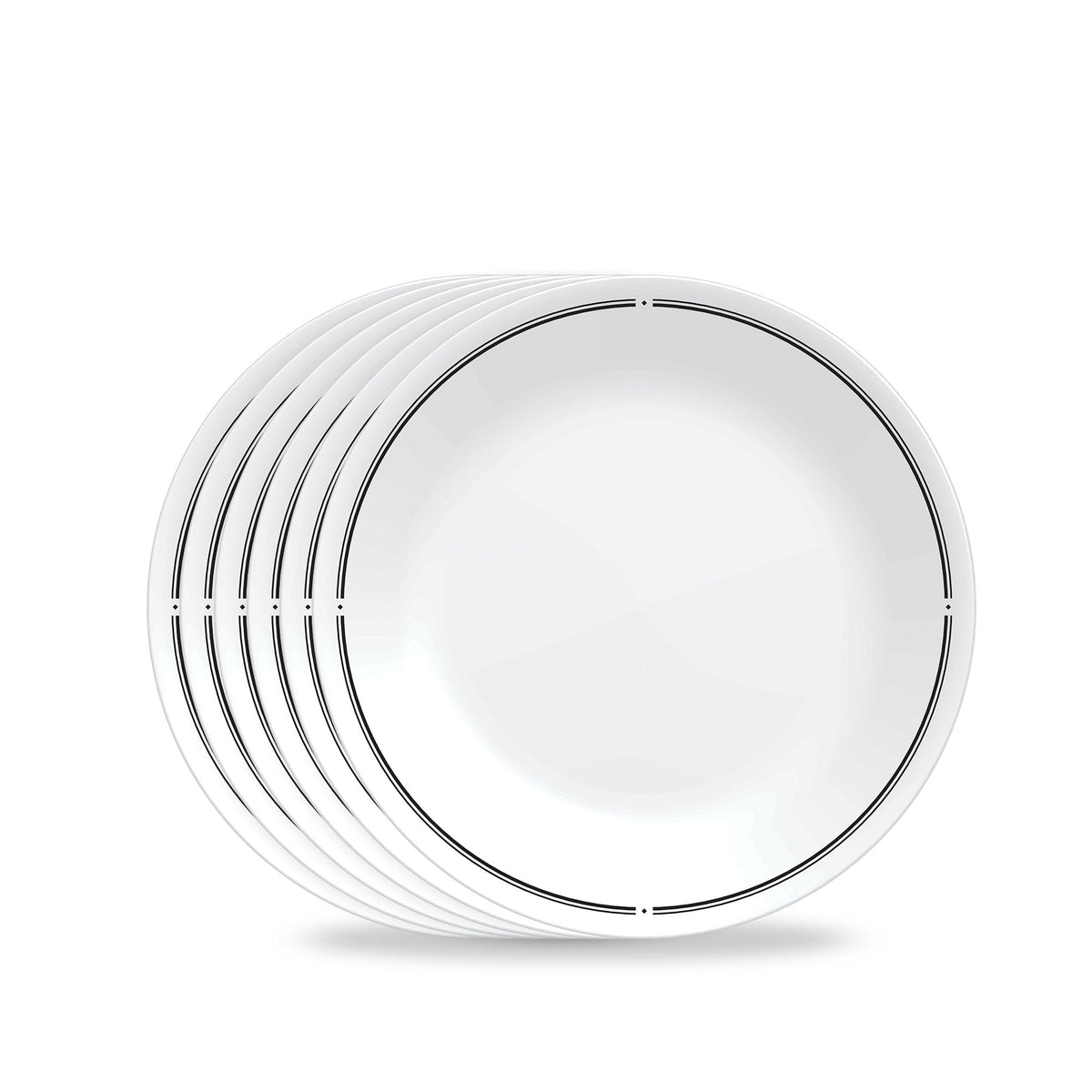 Corelle Brasserie front view showing six 8.5-inch plates and bistro rim — durable serving set