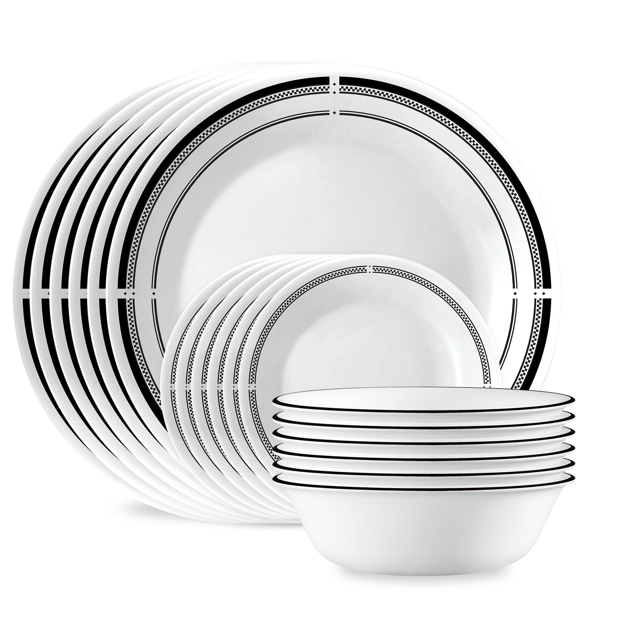 Corelle Brasserie front packaging showing full 18-piece set and durable design benefit