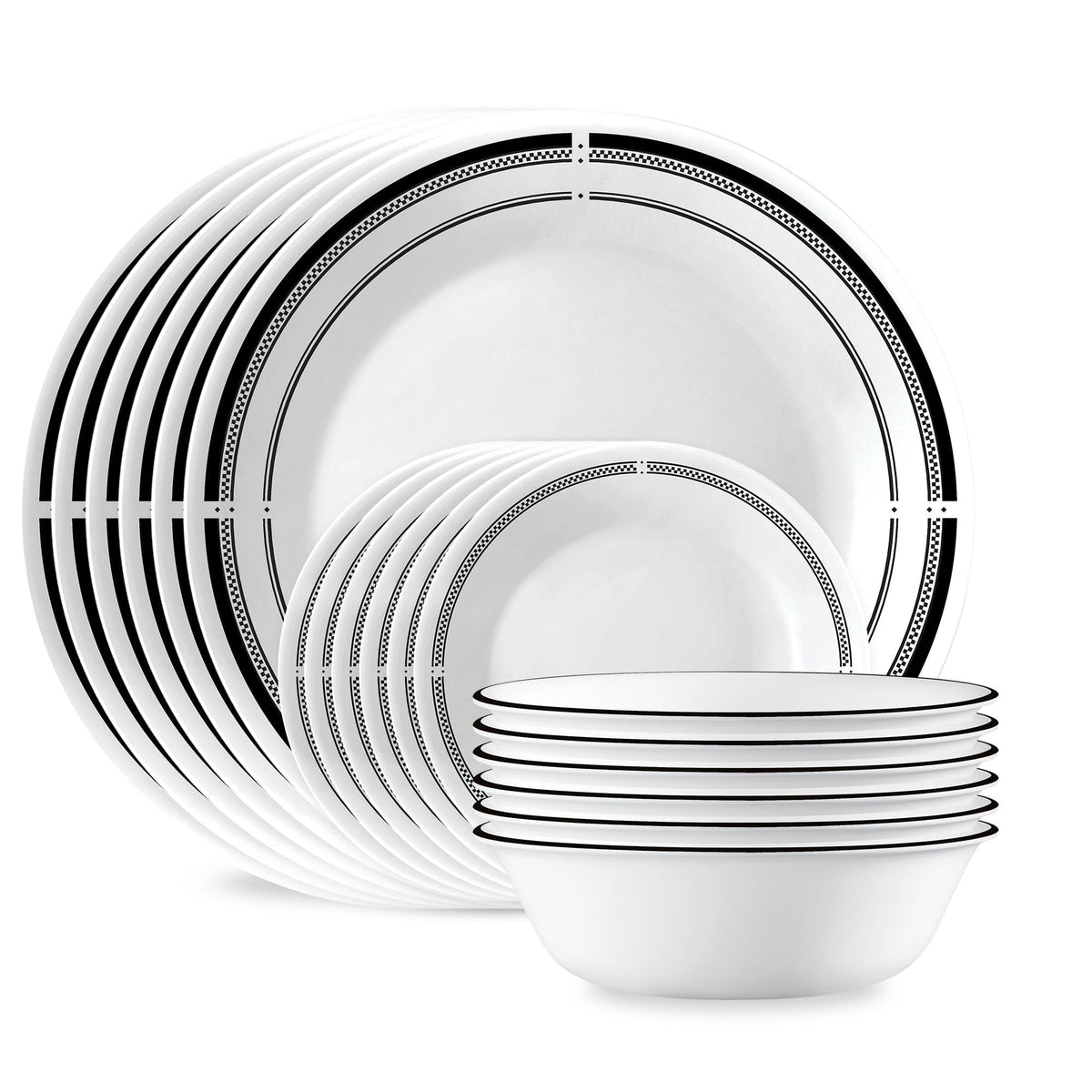Corelle Brasserie front packaging showing full 18-piece set and durable design benefit