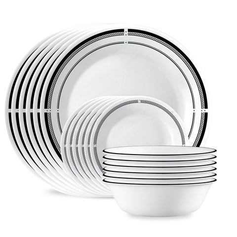 Corelle Brasserie front packaging showing full 18-piece set and durable design benefit