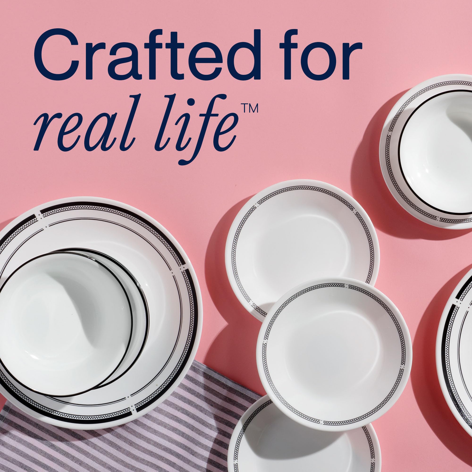 Corelle Brasserie label close-up noting Corning craftsmanship and reliable durability benefit
