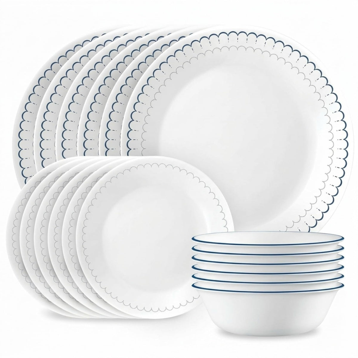 Corelle Caspian front view showing full 18-piece set and packaging, easy setup