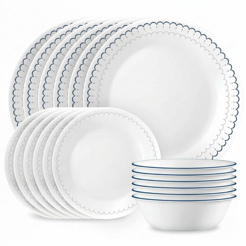 Corelle Caspian front view showing full 18-piece set and packaging, easy setup