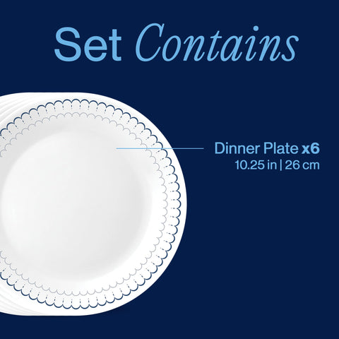 Corelle Caspian Lace close-up of scalloped navy trim shows durable finish benefit