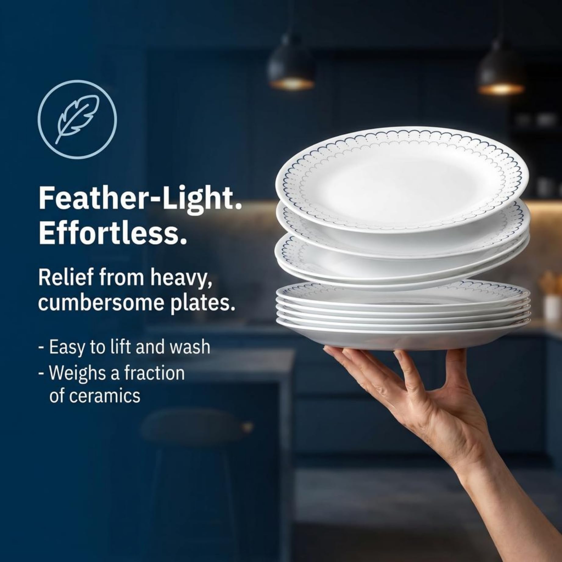 Corelle Caspian items beside a coffee mug showing size for everyday use