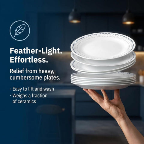 Corelle Caspian items beside a coffee mug showing size for everyday use