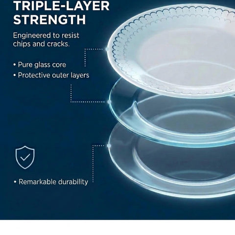 Corelle Caspian stacked plates saving cabinet space and resisting chips