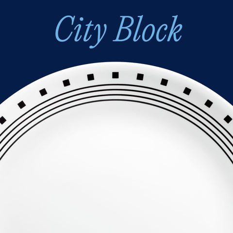 Corelle Vitrelle dinner plate top view highlighting bold pattern and easy serving