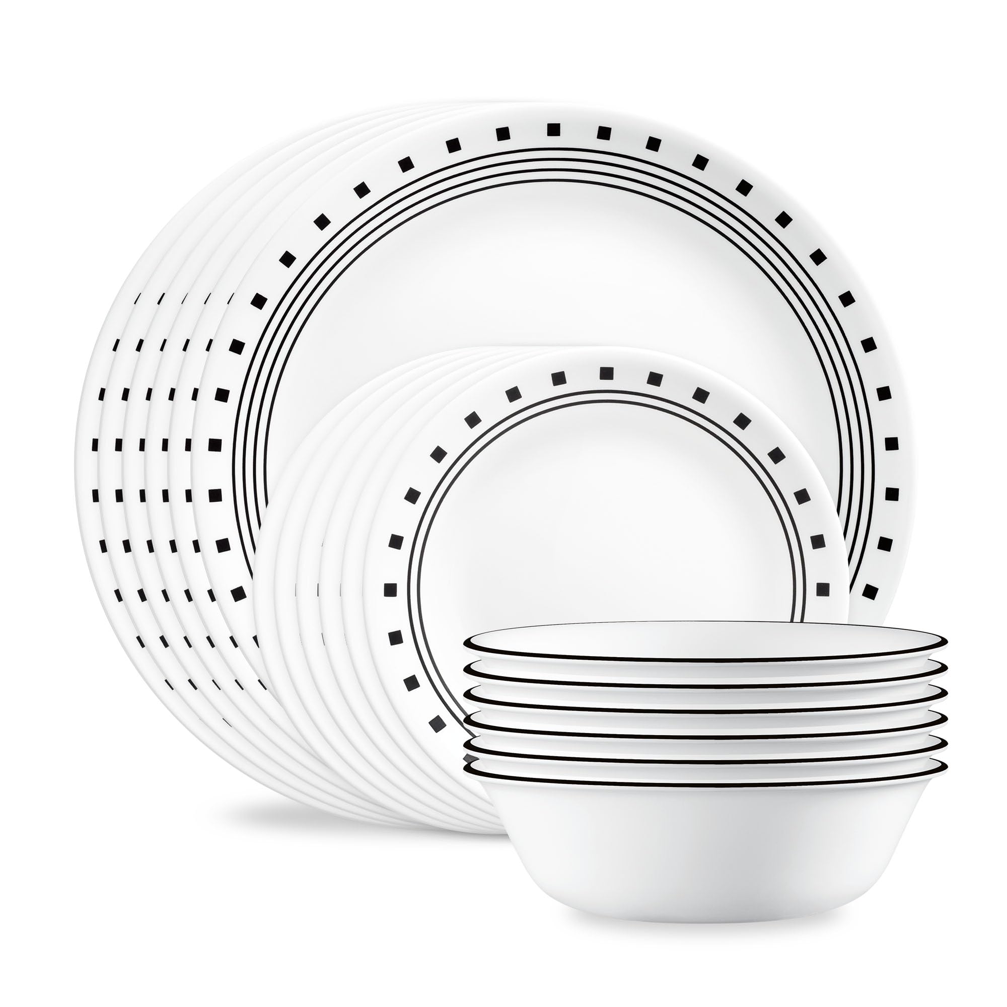 Corelle City Block front packaging showing set contents and modern design benefit