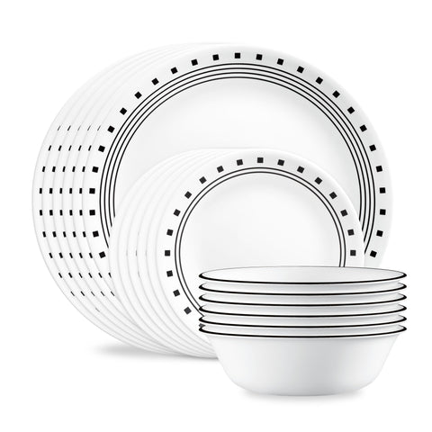 Corelle City Block front packaging showing set contents and modern design benefit