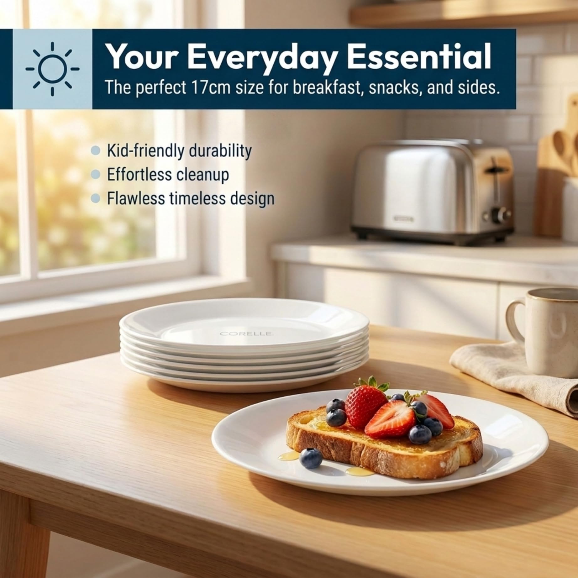 Corelle close-up of plate edge highlighting durable triple-layer construction benefit