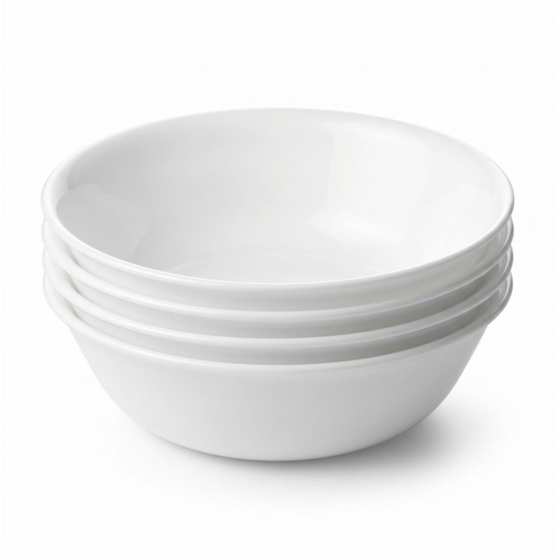 Corelle front view of four white meal bowls showing clean design and durability