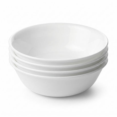 Corelle front view of four white meal bowls showing clean design and durability
