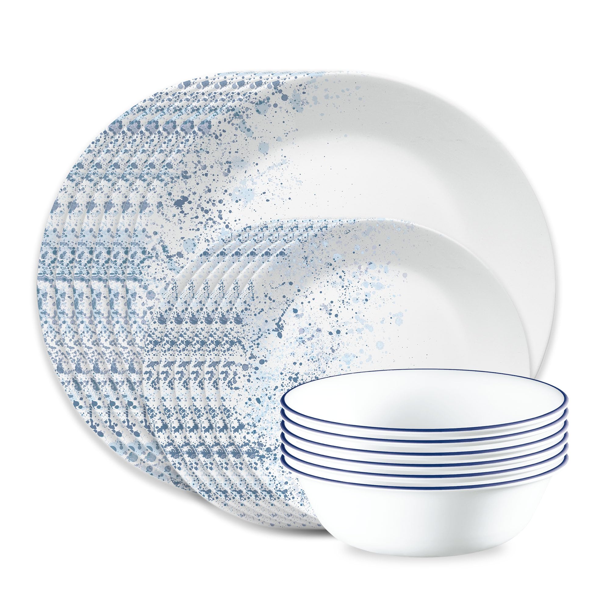 Corelle indigo speckle front view showing full 18-piece set and cohesive design