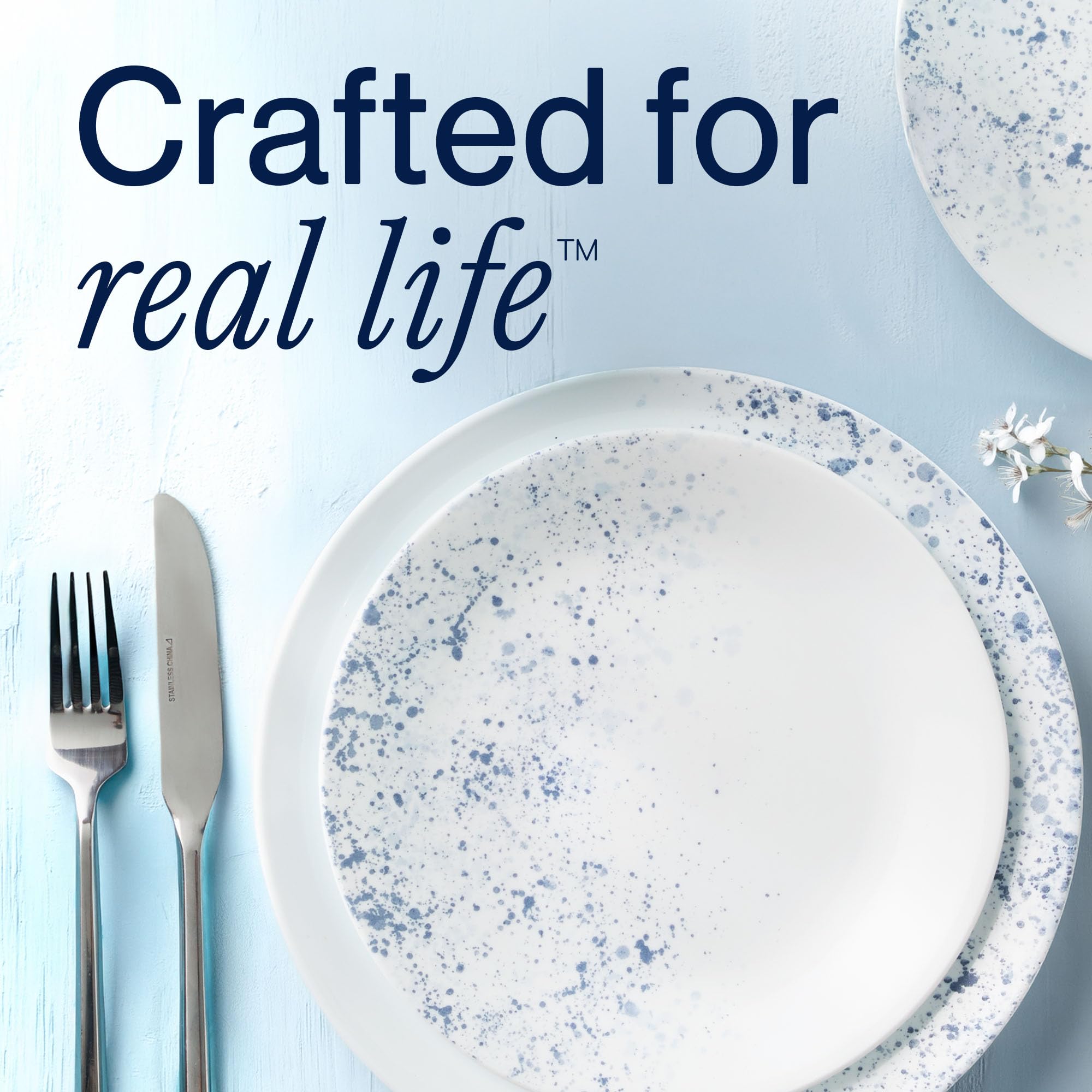 Corelle indigo speckle held in hand showing lightweight, easy-to-handle advantage