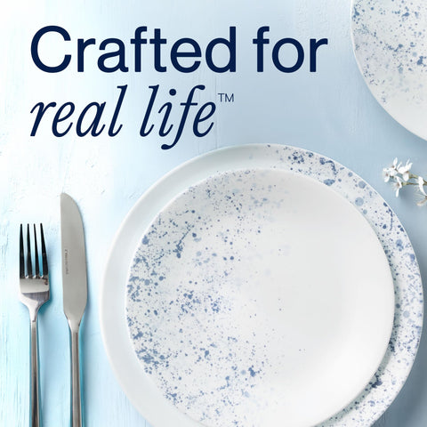 Corelle indigo speckle held in hand showing lightweight, easy-to-handle advantage