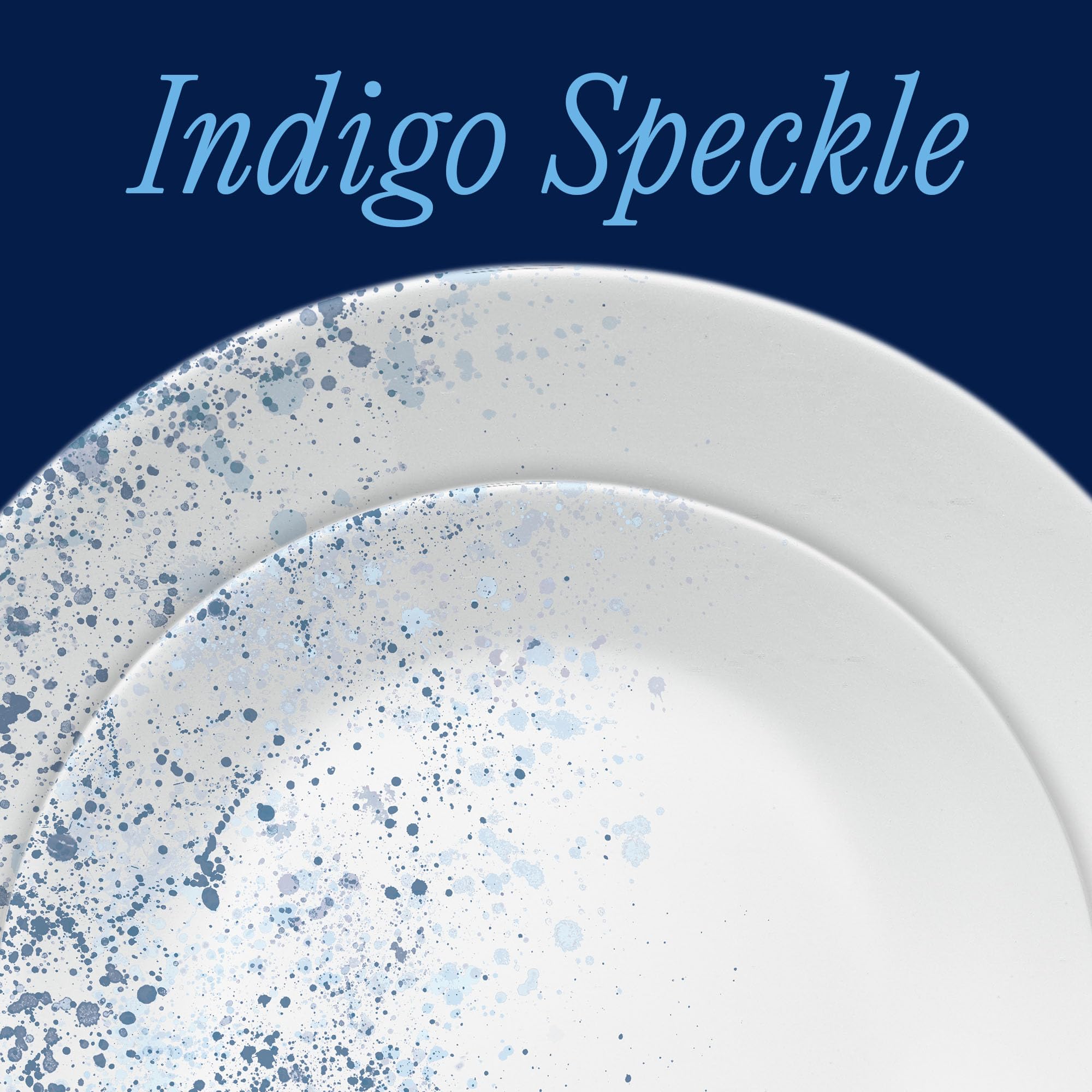 Corelle indigo speckle stacked plates demonstrating compact storage benefit
