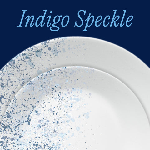 Corelle indigo speckle stacked plates demonstrating compact storage benefit