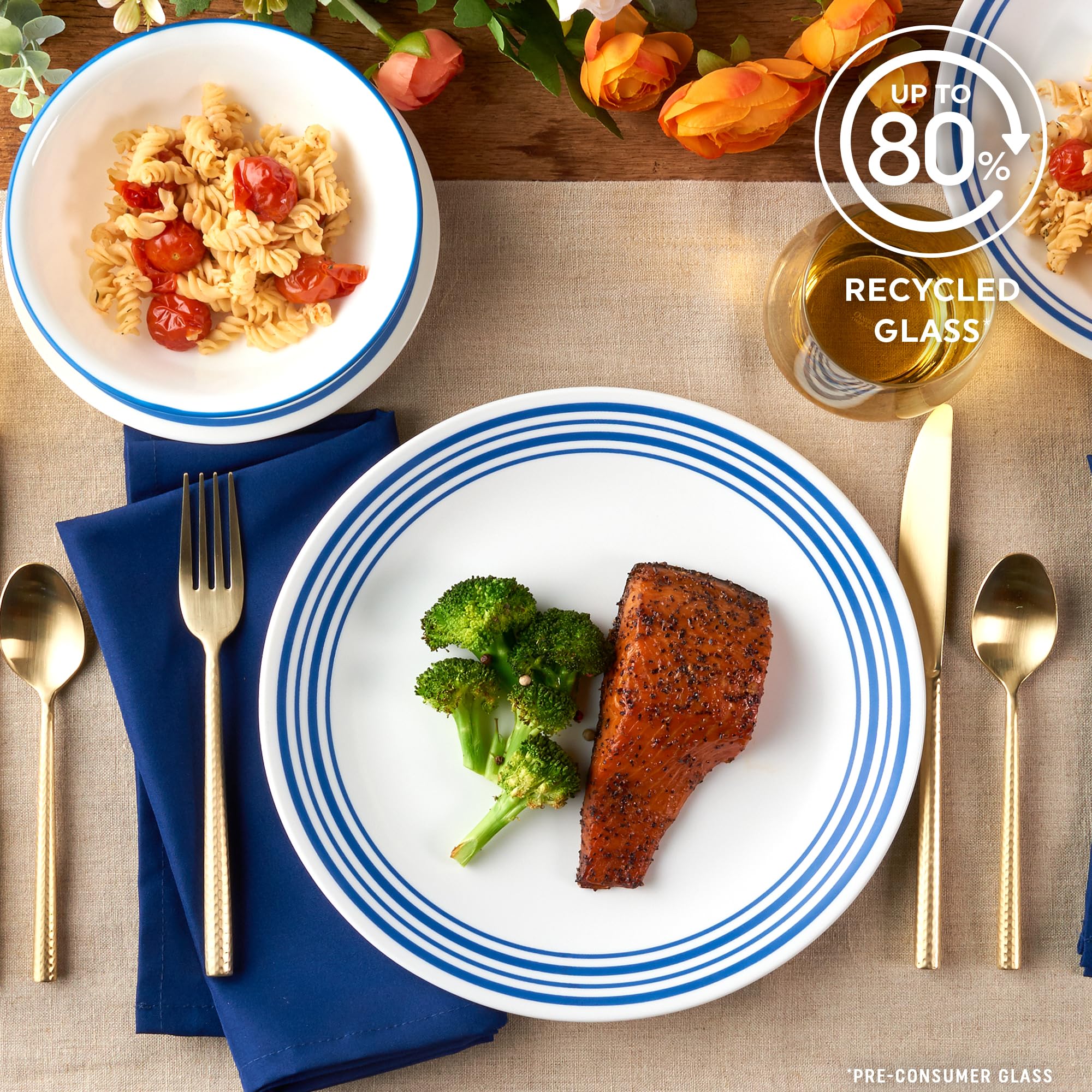Corelle Laila stacked plates demonstrating compact storage and space savings
