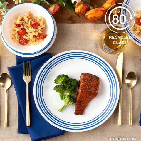 Corelle Laila stacked plates demonstrating compact storage and space savings