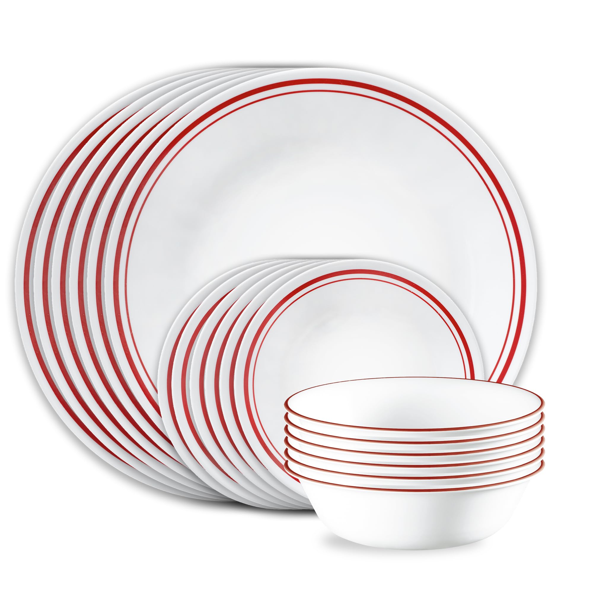 Corelle Logan front view showing full 18-piece set and red rim benefit
