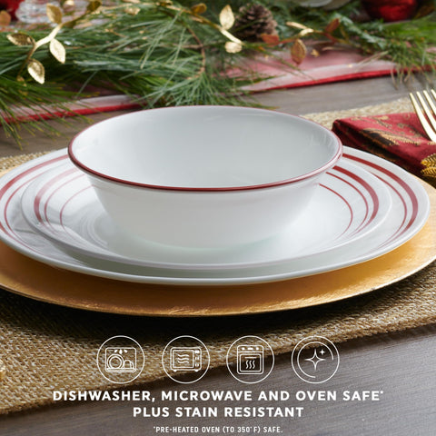 Corelle Logan plates stacked compactly to show space-saving and storage benefit