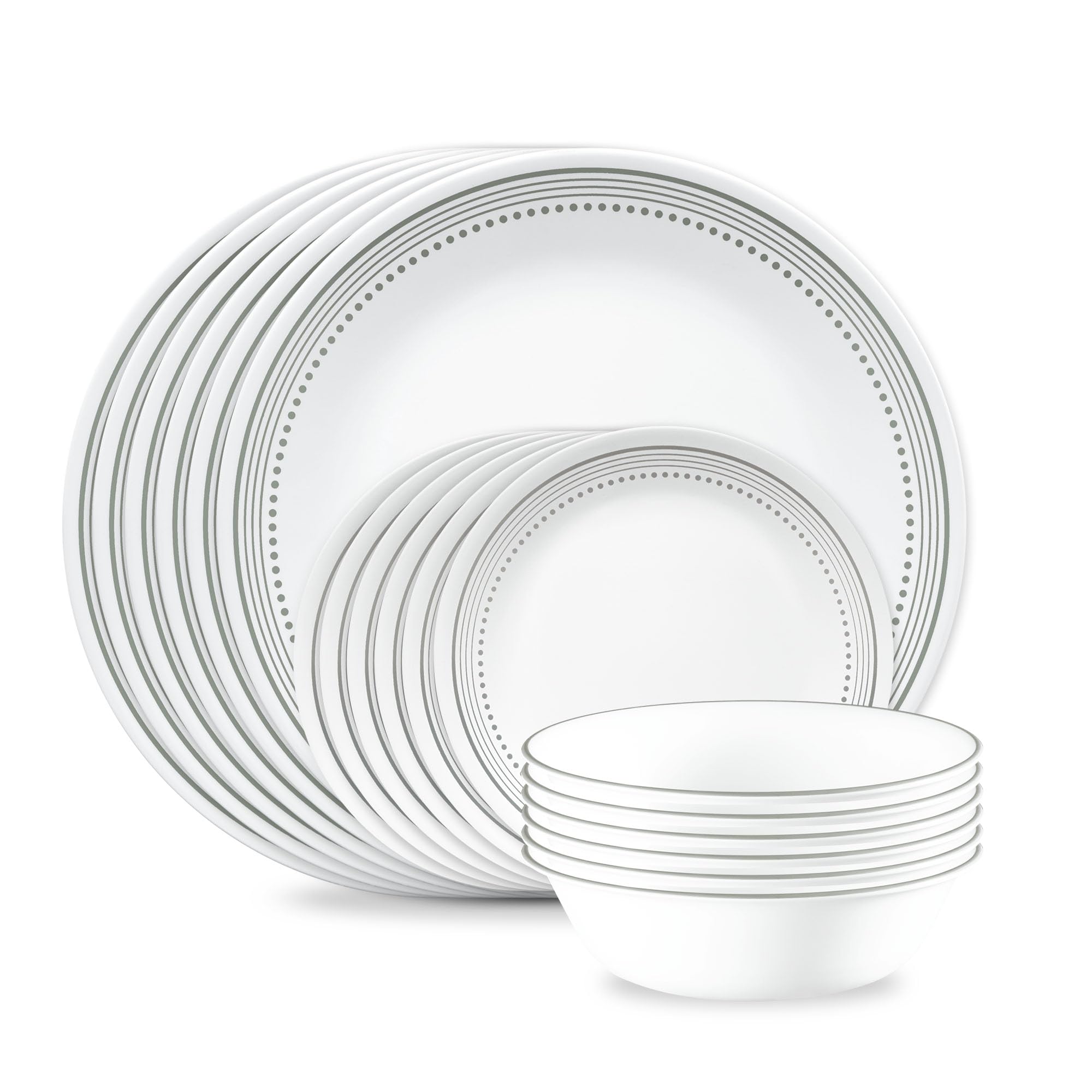 Corelle front view of Mystic Gray 18-piece set showing full packaging and elegant styling